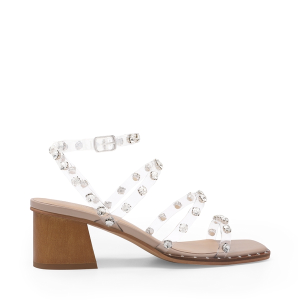 Clear Rhinestone Strappy Chunky Heels - CLEAR RHINESTONE - 2
